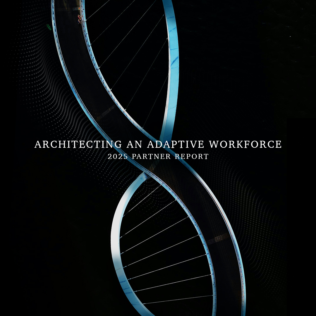 A helix-shaped footbridge with the text "Architecting An Adaptive Workforce: 2025 Partner Report"